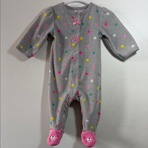 3/$20 Carter's Fleece Sleeper With Dots And Pink Bear Feet, PRELOVED, 0-3M